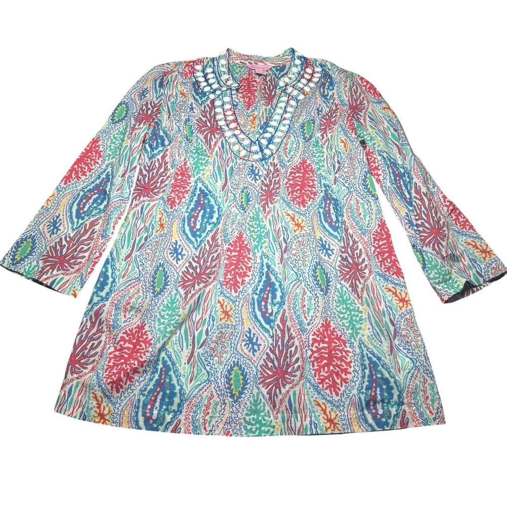 Lilly Pulitzer Tunic XS Multicolor Coral Print Beaded Split Neck 3/4 Sleeve Top